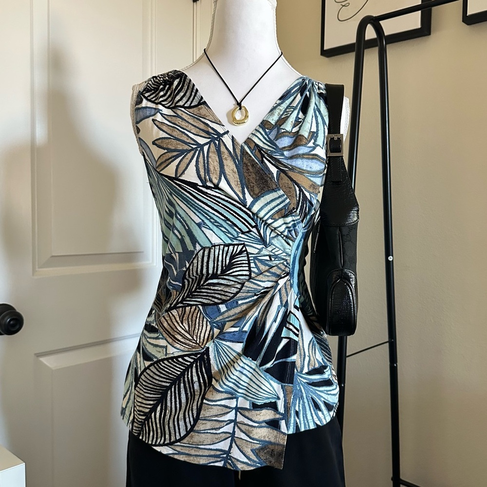 Cache Blue and Black Leaf Print Blouse